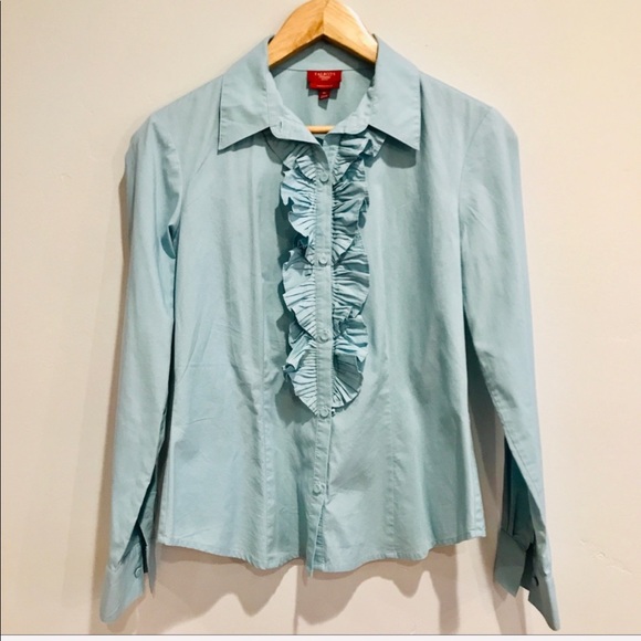 Talbots Blue Stretch Poplin Ruffles Button Down - Picture 3 of 6